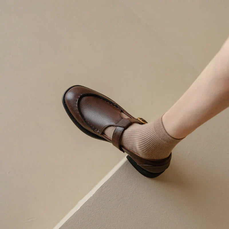 Women’s Retro T-Strap Mary Jane Shoes with Gold Buckle and Low Heel