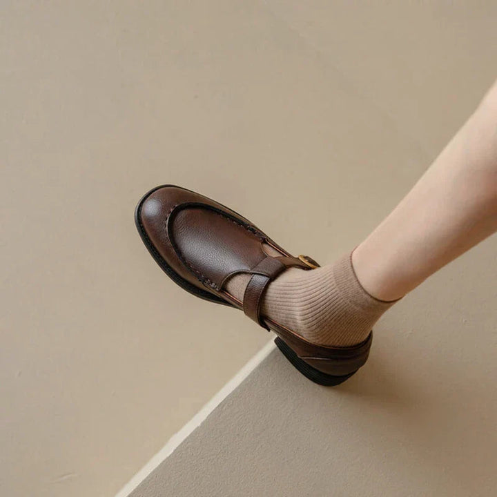 Women’s Retro T-Strap Mary Jane Shoes with Gold Buckle and Low Heel