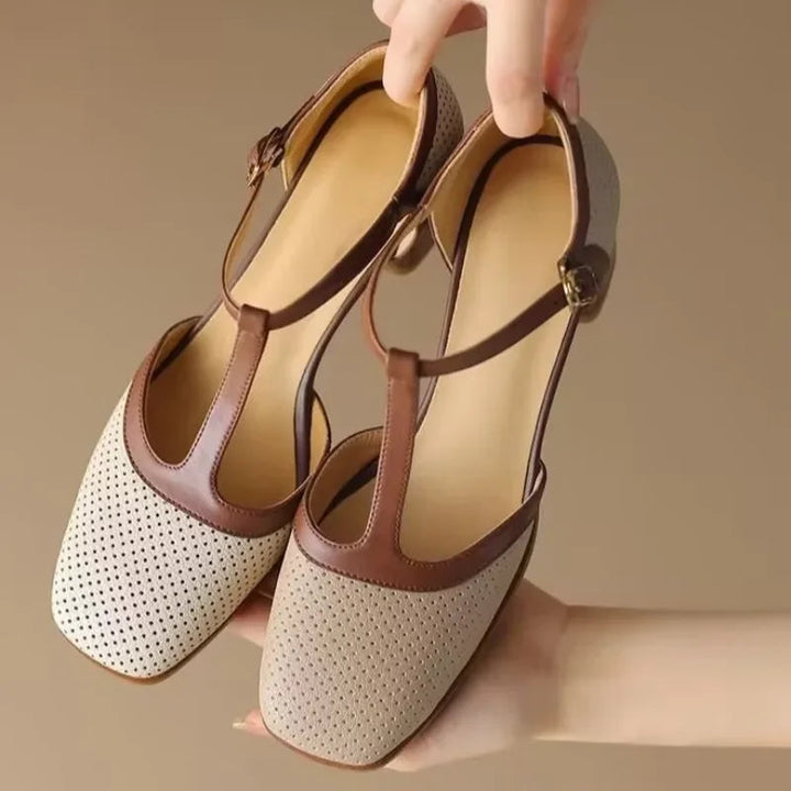Women’s T-Strap Block Heel Shoes with Perforated Upper and Square Toe