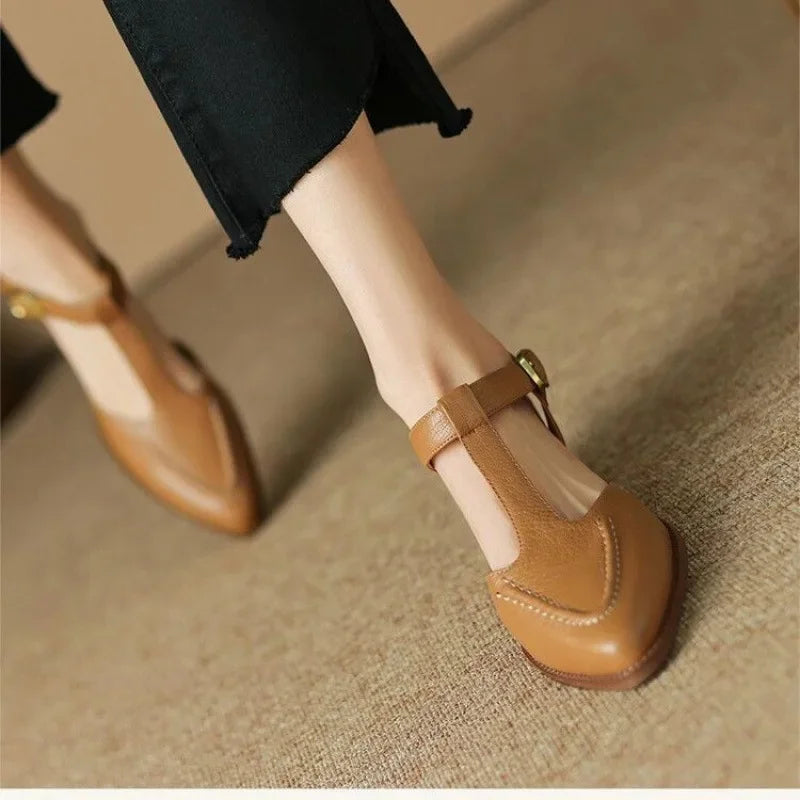 Women’s T-Strap Buckle Shoes with Pointed Toe and Low Heel