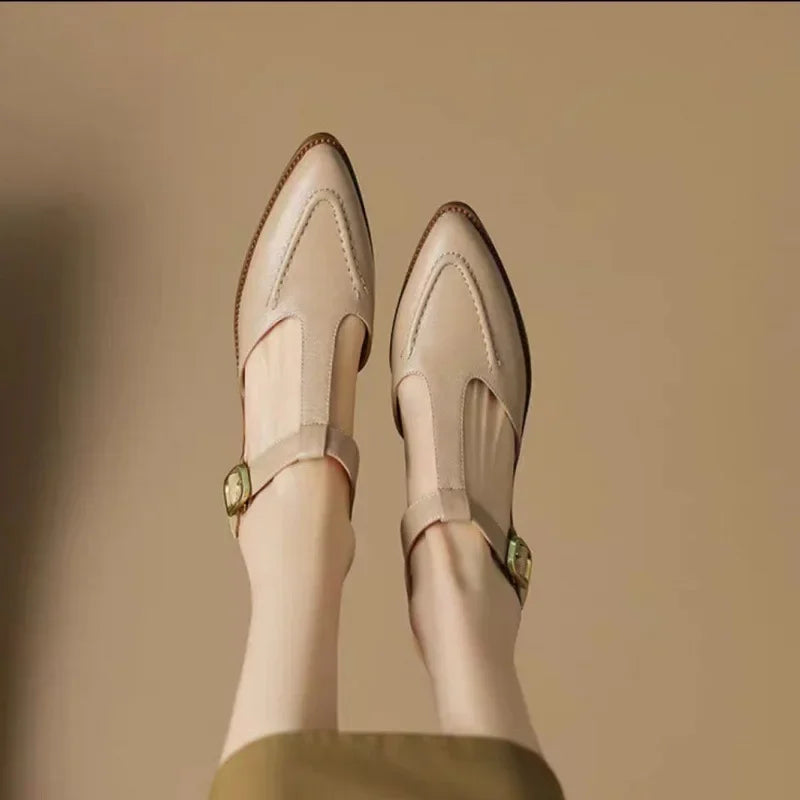 Women’s T-Strap Buckle Shoes with Pointed Toe and Low Heel