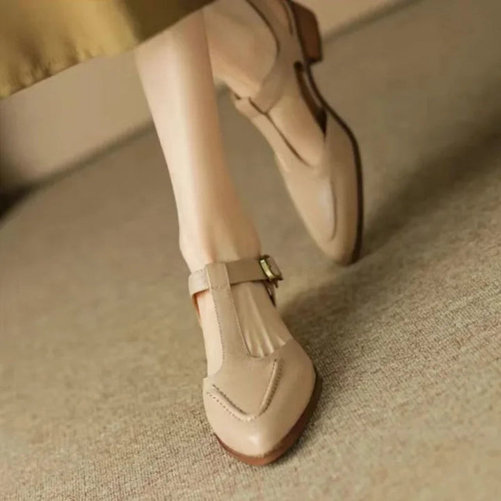 Women’s T-Strap Buckle Shoes with Pointed Toe and Low Heel