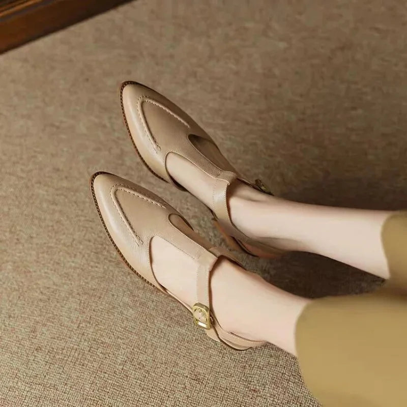 Women’s T-Strap Buckle Shoes with Pointed Toe and Low Heel