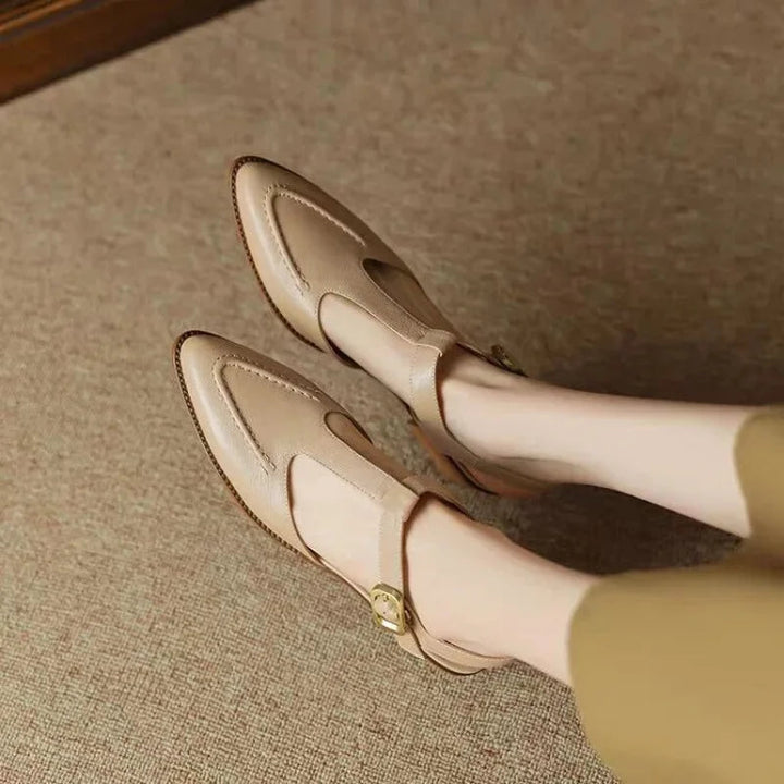 Women’s T-Strap Buckle Shoes with Pointed Toe and Low Heel