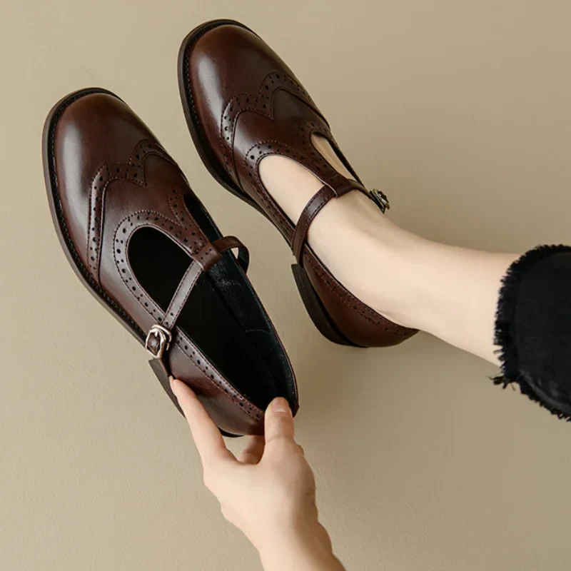 Women’s T-Strap Mary Jane Shoes with Low Block Heel and Buckle Closure