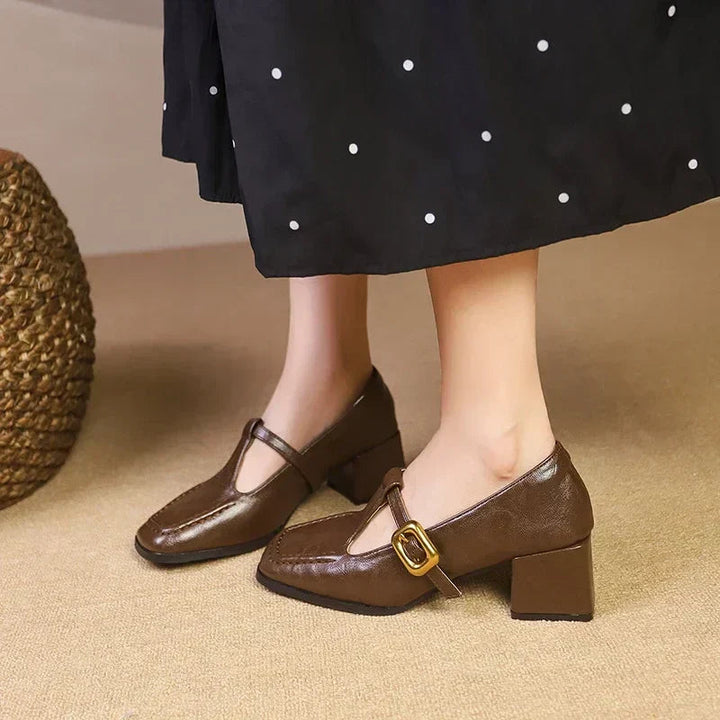 Women’s Mary Janes with Square Toe and Gold-Detail Buckle Strap