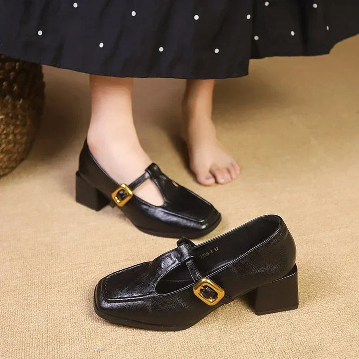 Women’s Mary Janes with Square Toe and Gold-Detail Buckle Strap