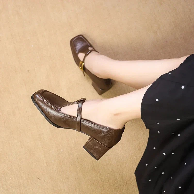 Women’s Mary Janes with Square Toe and Gold-Detail Buckle Strap
