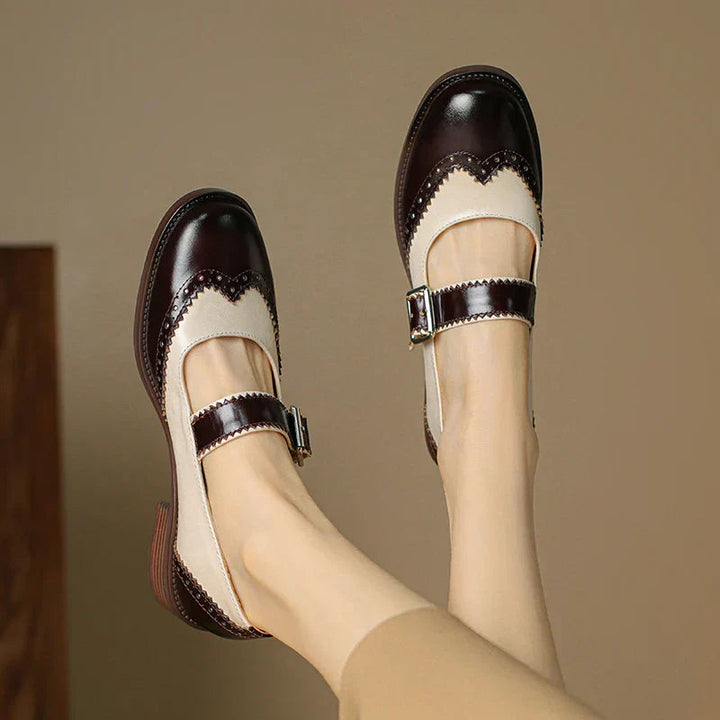 Women’s Two-Tone Mary Jane Shoes with Brogue Edging and T-Strap Buckle