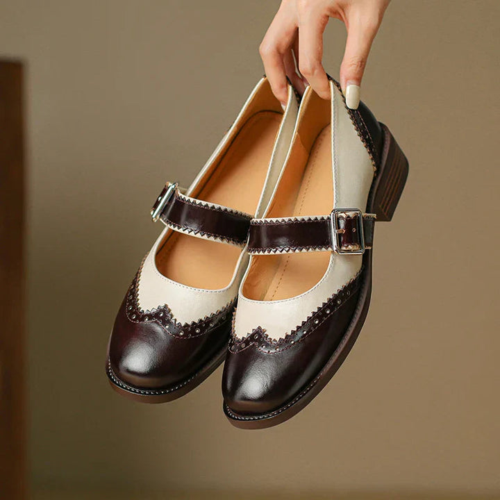 Women’s Two-Tone Mary Jane Shoes with Brogue Edging and T-Strap Buckle