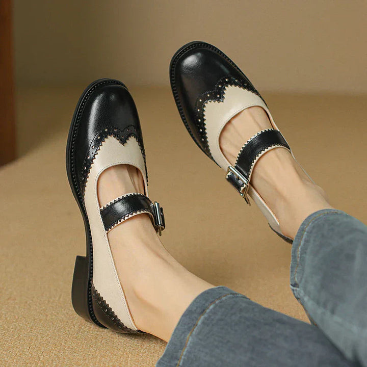 Women’s Two-Tone Mary Jane Shoes with Brogue Edging and T-Strap Buckle