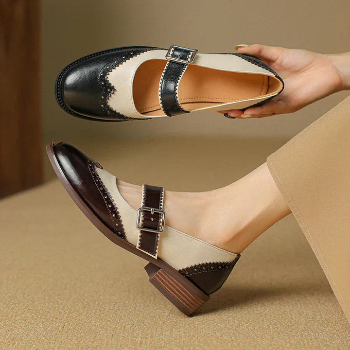 Women’s Two-Tone Mary Jane Shoes with Brogue Edging and T-Strap Buckle