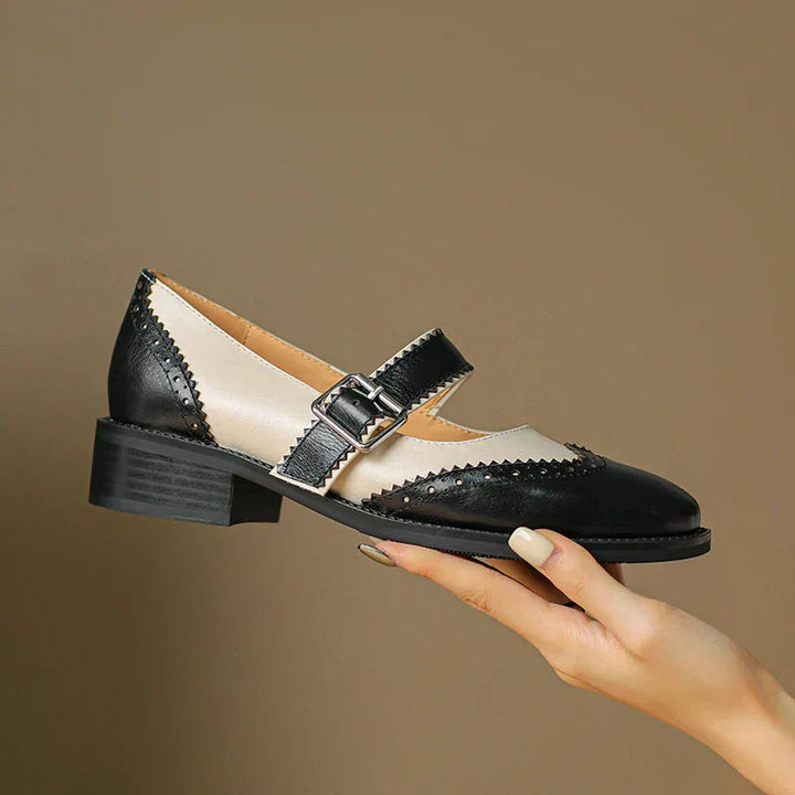 Women’s Two-Tone Mary Jane Shoes with Brogue Edging and T-Strap Buckle