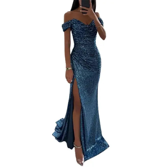 Women’s Dress with Off‑Shoulder V‑Neckline and Floor‑Length Hem