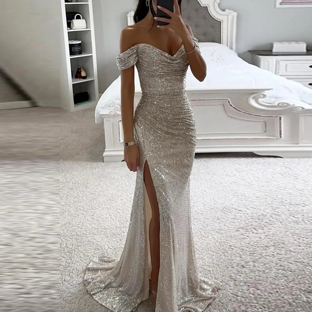 Women’s Dress with Off‑Shoulder V‑Neckline and Floor‑Length Hem