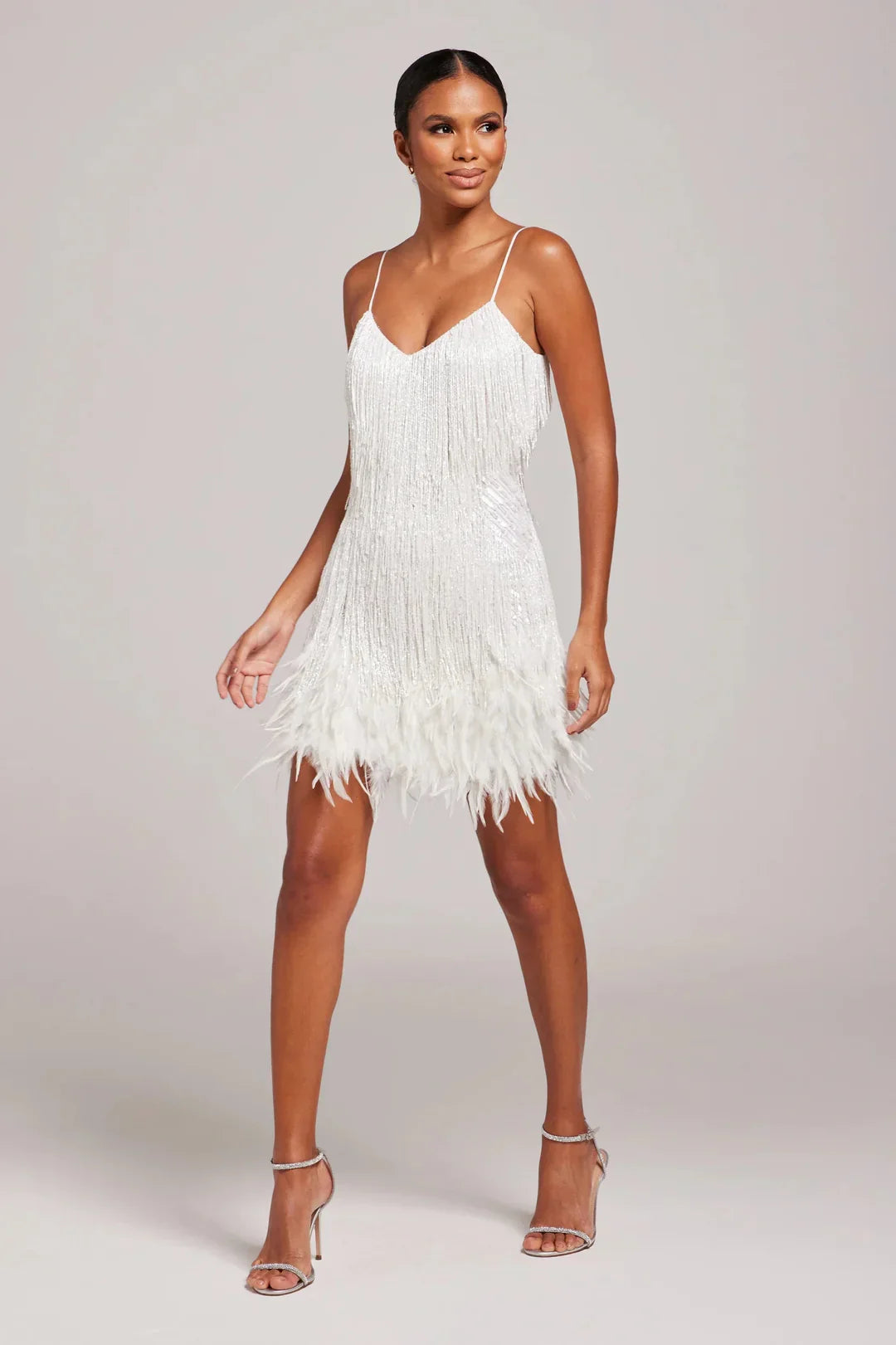 Women’s Feather Mini Dress with Fringe Detail and Sleek Fit