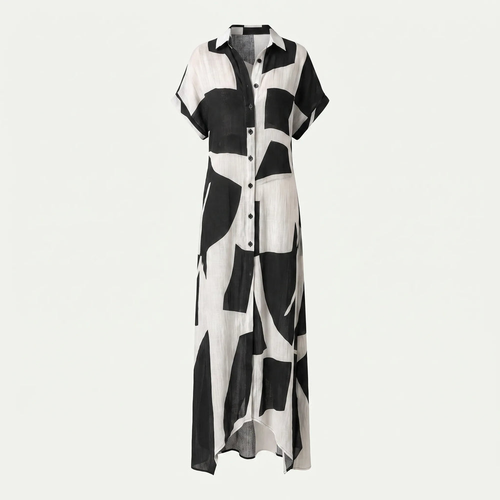 Women's Geometric Print Short-Sleeved Maxi Shirt Dress