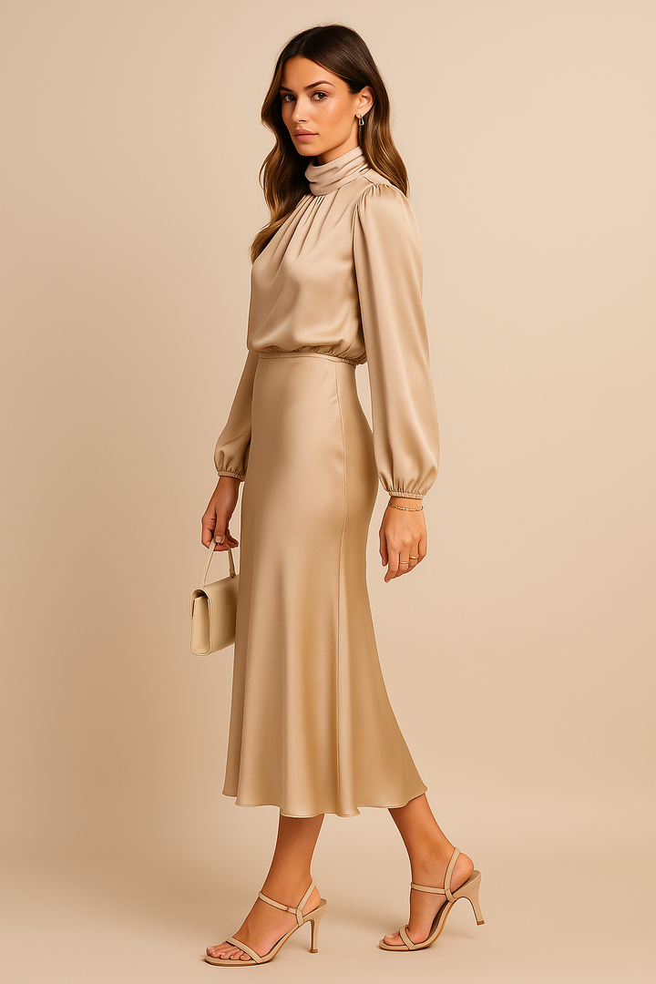 Women’s High Waist Midi Dress with High Neck and Midi Length