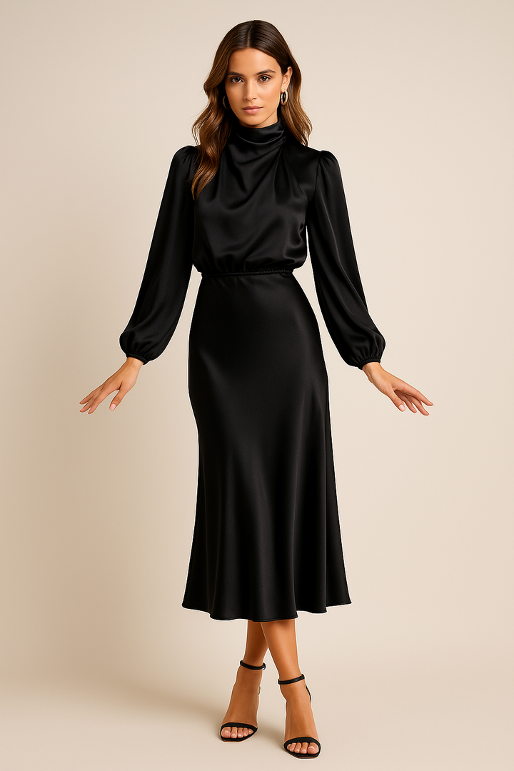 Women’s High Waist Midi Dress with High Neck and Midi Length