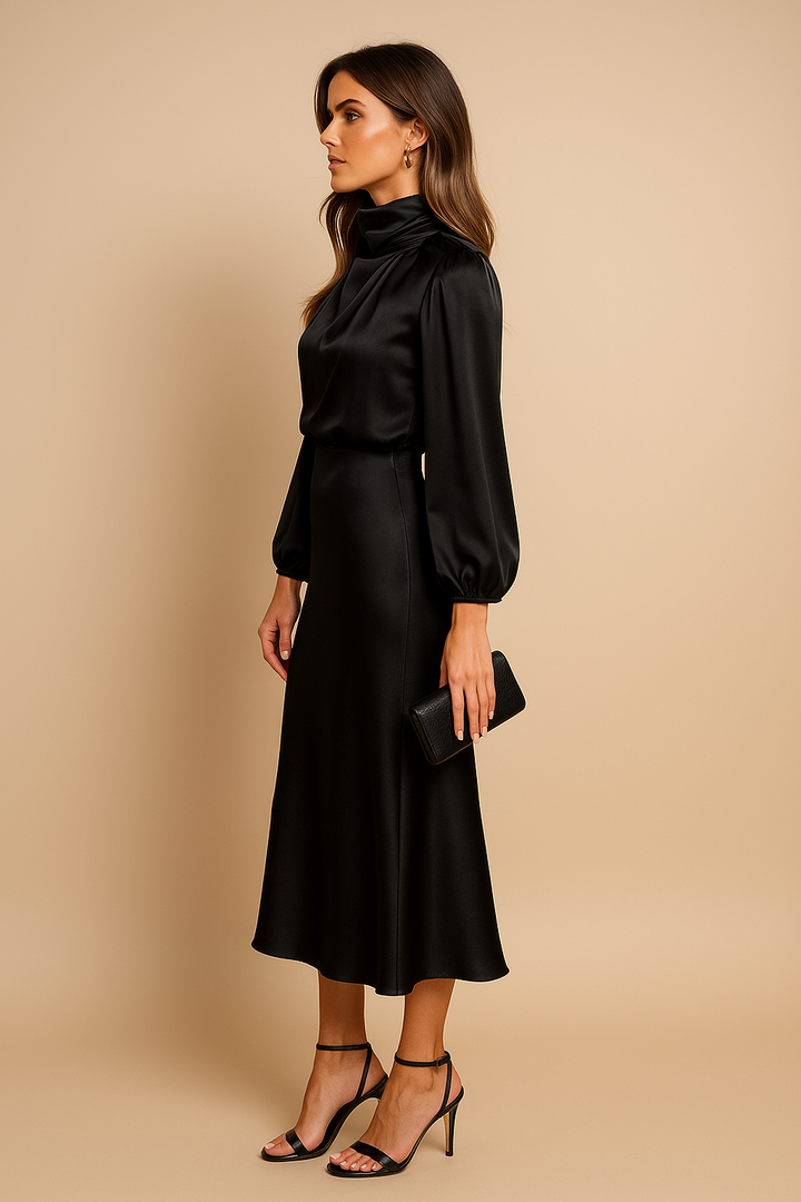 Women’s High Waist Midi Dress with High Neck and Midi Length