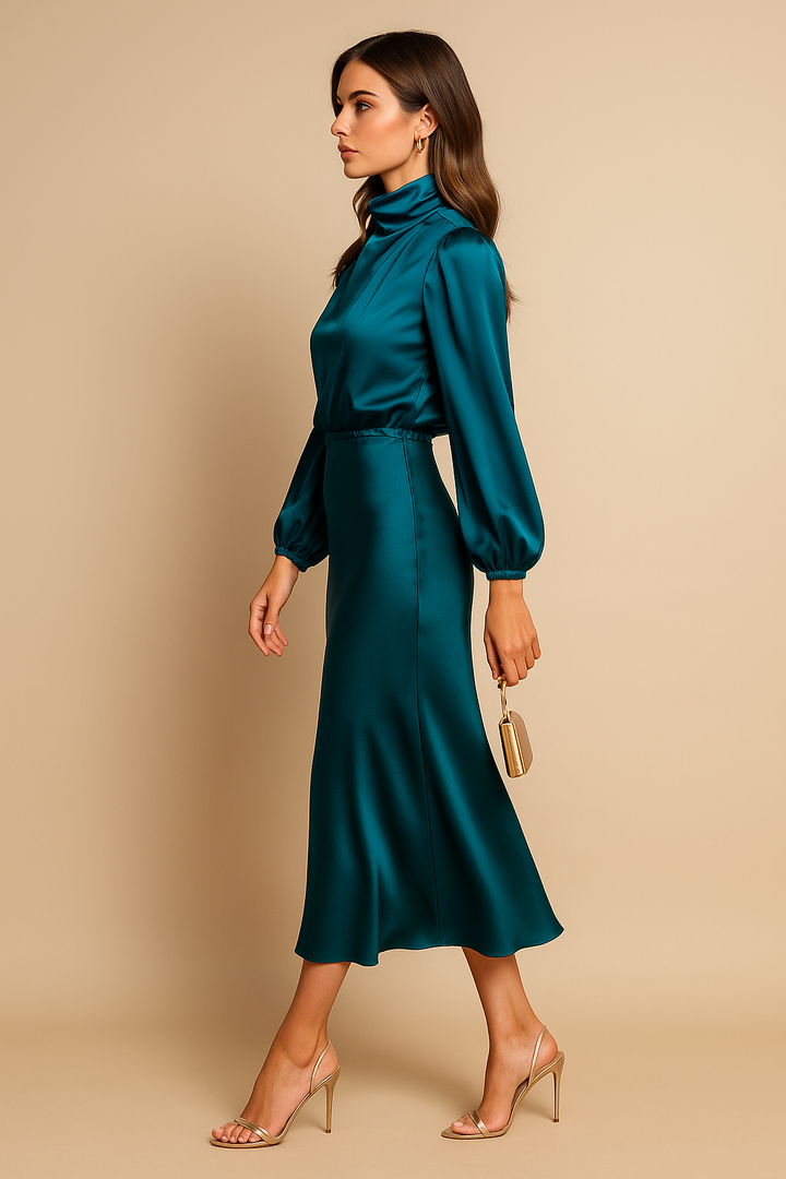Women’s High Waist Midi Dress with High Neck and Midi Length