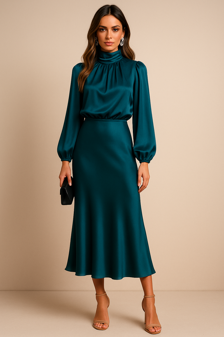 Women’s High Waist Midi Dress with High Neck and Midi Length