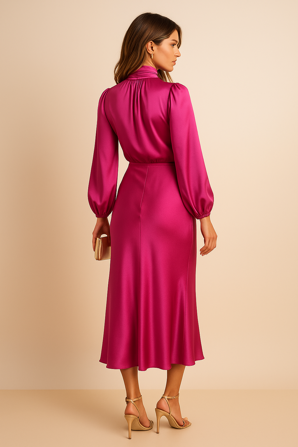Women’s High Waist Midi Dress with High Neck and Midi Length