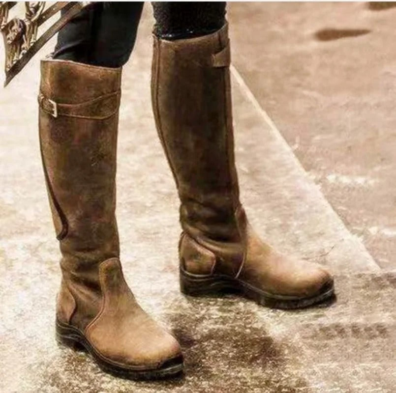 Women’s Knee-High Boots with Buckle Strap and Sturdy Sole
