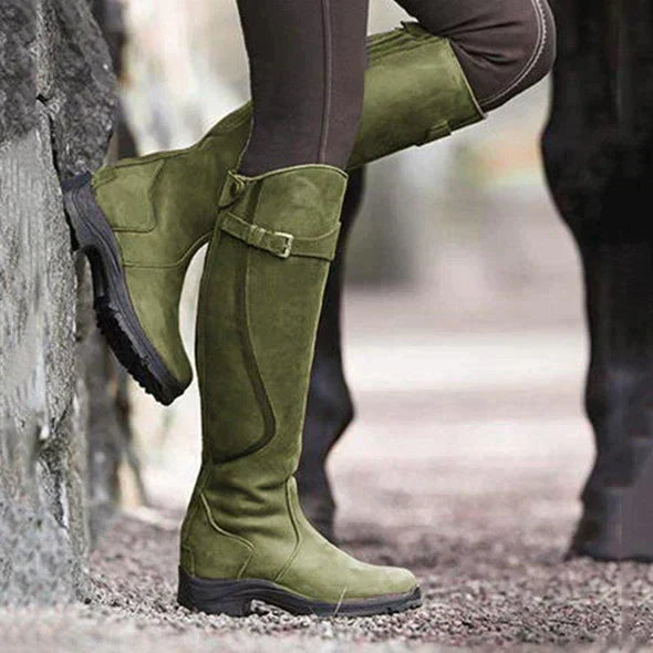 Women’s Knee-High Boots with Buckle Strap and Sturdy Sole