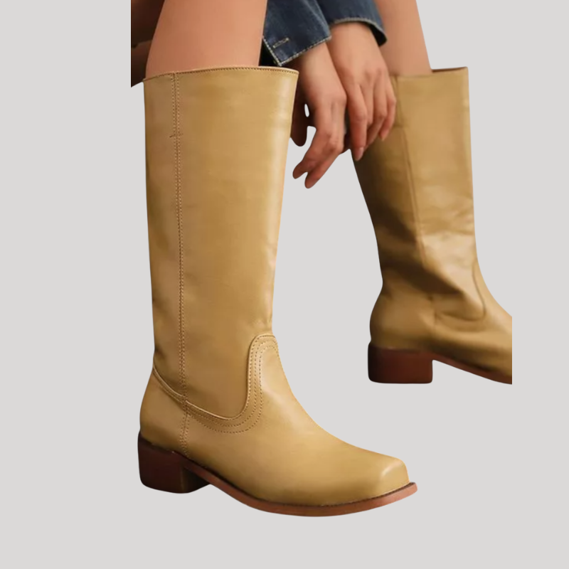 Women’s Knee-High Boots with Stacked Heel and Classic Design
