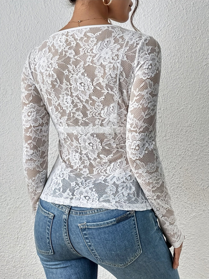 Women’s Lace Top with V-Neck and Long Sleeves