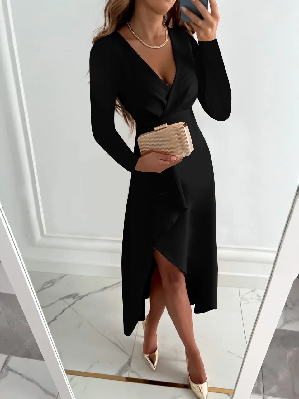 Women’s Midi Dress with V-Neckline and Slit Design