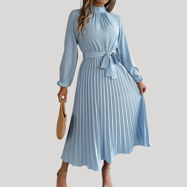 Women’s Pleated Midi Dress with Long Sleeves and Waist Belt