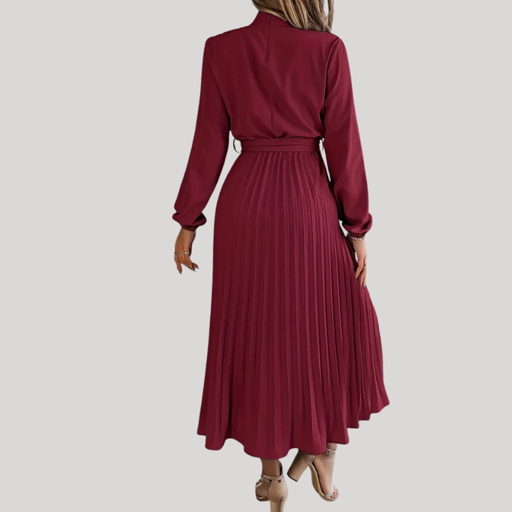 Women’s Pleated Midi Dress with Long Sleeves and Waist Belt