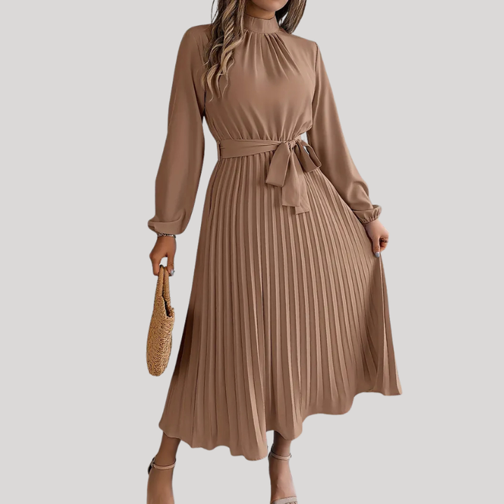 Women’s Pleated Midi Dress with Long Sleeves and Waist Belt