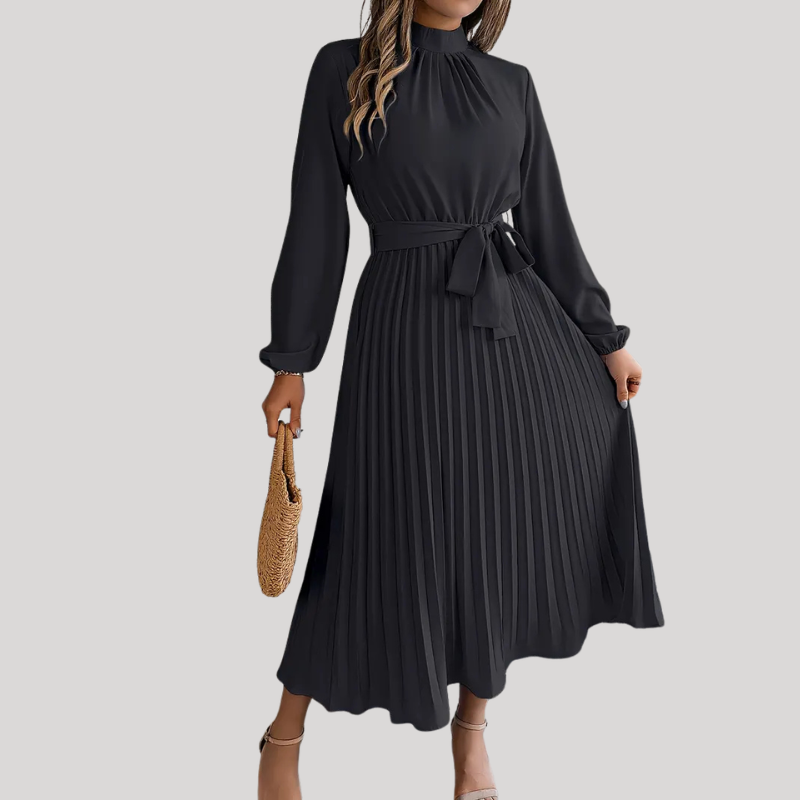 Women’s Pleated Midi Dress with Long Sleeves and Waist Belt