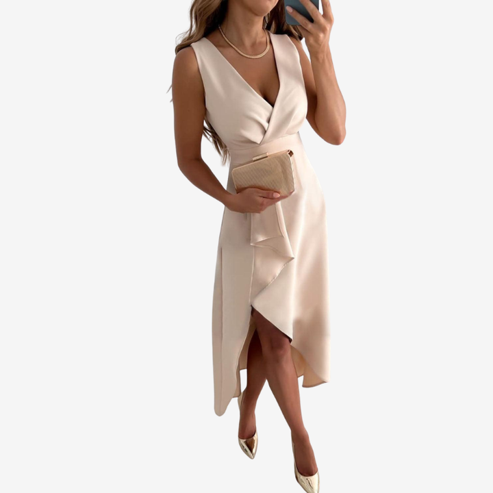 Women’s Wrap Maxi Dress with V-Neck and Asymmetrical Hem