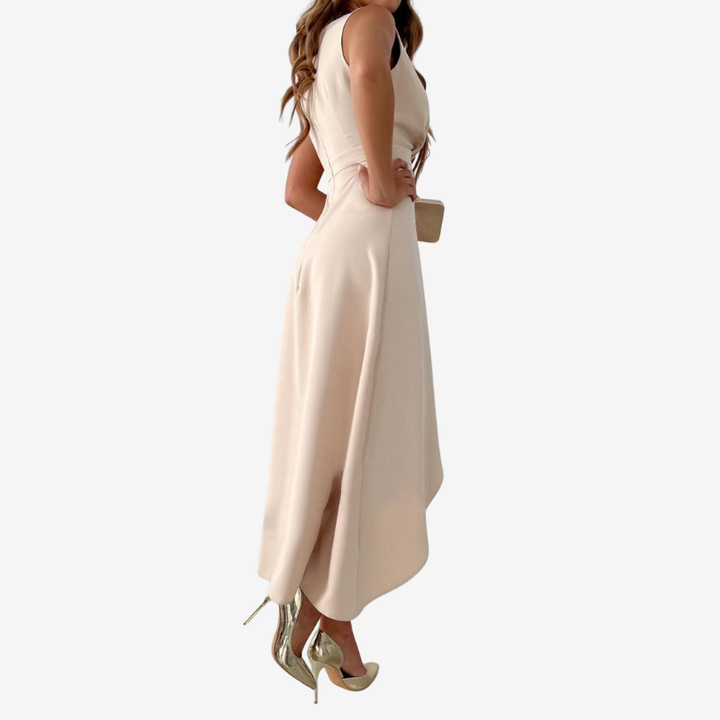 Women’s Wrap Maxi Dress with V-Neck and Asymmetrical Hem