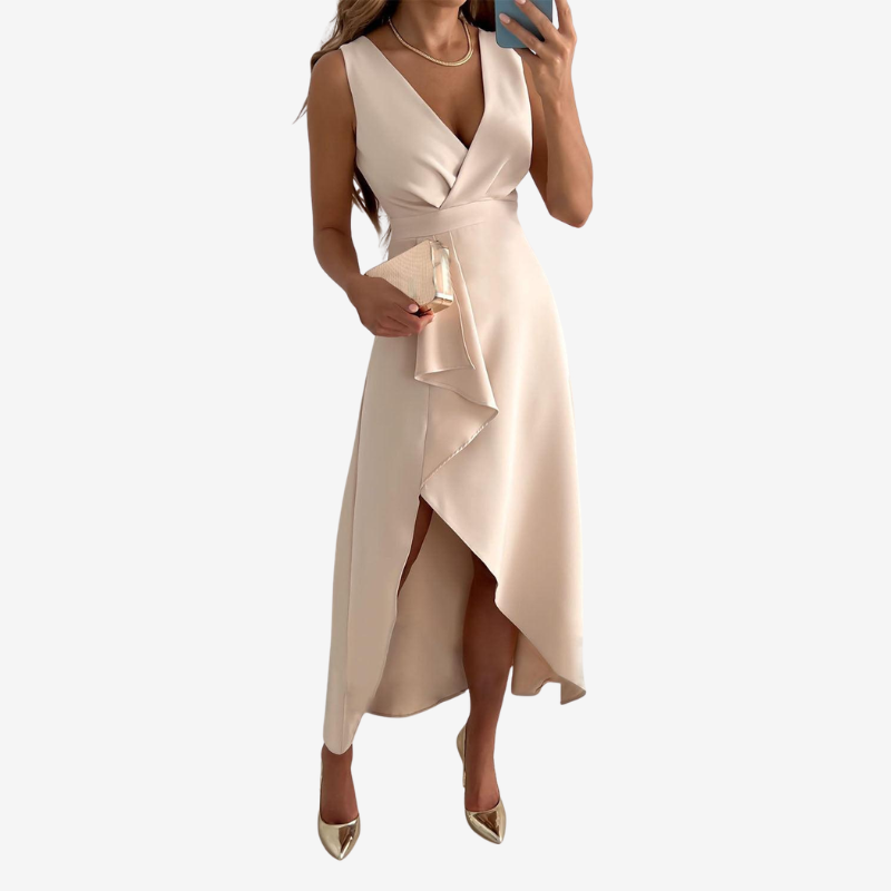Women’s Wrap Maxi Dress with V-Neck and Asymmetrical Hem