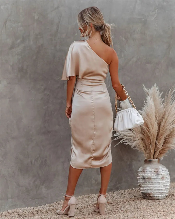 Women’s Asymmetric Midi Dress with Draped Design and One Shoulder