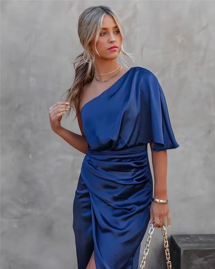 Women’s Asymmetric Midi Dress with Draped Design and One Shoulder