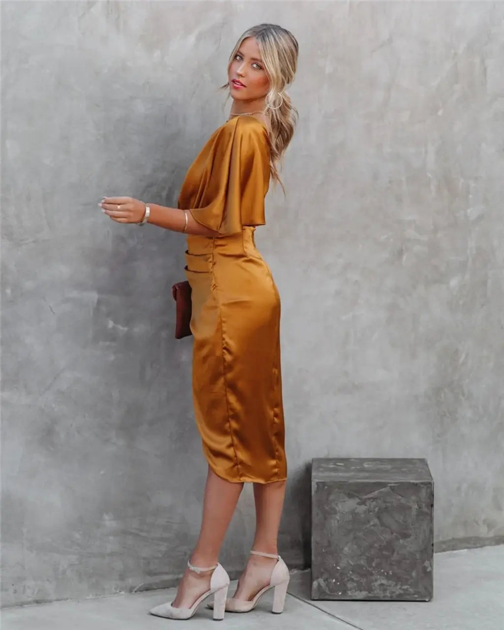 Women’s Asymmetric Midi Dress with Draped Design and One Shoulder