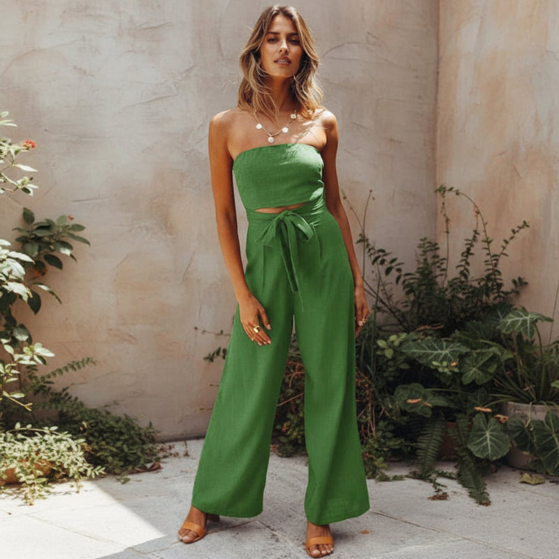 Women’s Backless Jumpsuit with Tie Waist and Wide Pant Legs