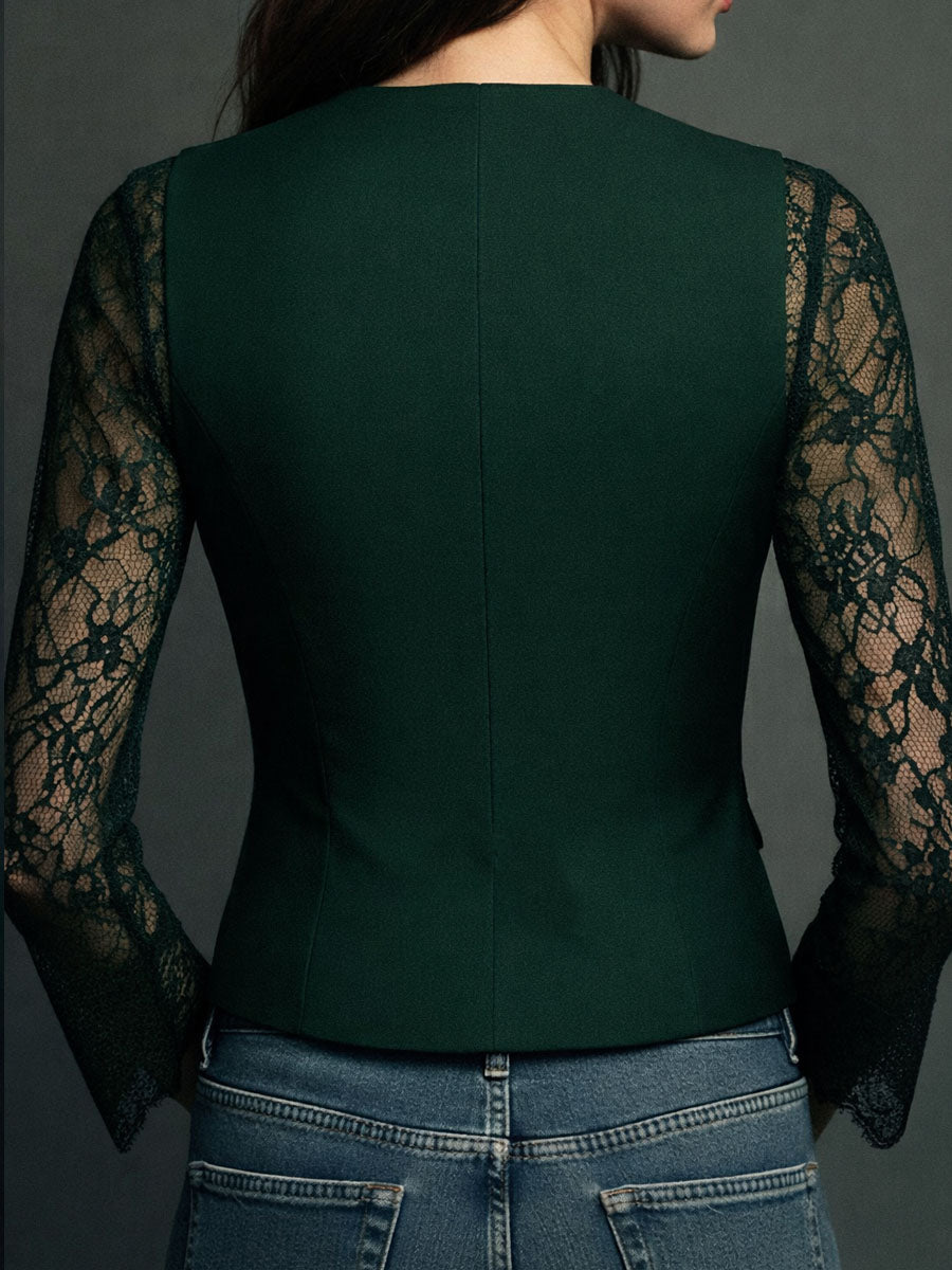 Women’s Blazer Top with Lace Panel Sleeves and Button Closure