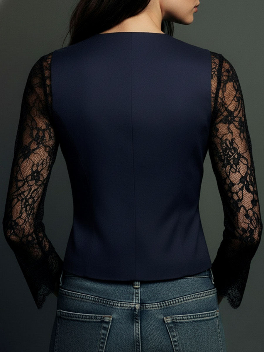 Women’s Blazer Top with Lace Panel Sleeves and Button Closure