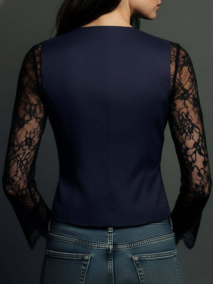 Women’s Blazer Top with Lace Panel Sleeves and Button Closure
