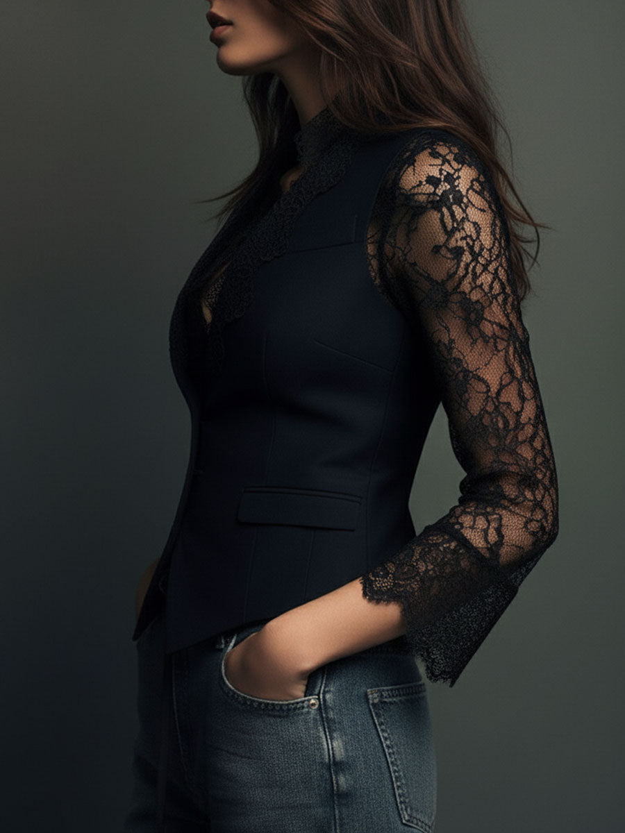 Women’s Blazer Top with Lace Panel Sleeves and Button Closure