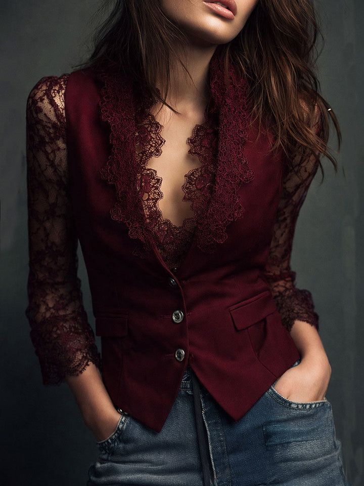 Women’s Blazer Top with Lace Panel Sleeves and Button Closure