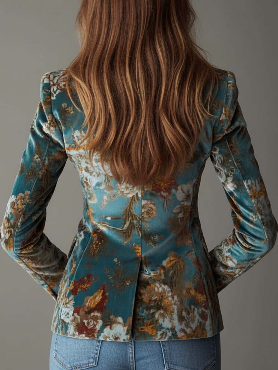 Women’s Blazer with Vintage Floral Print and Covered Buttons