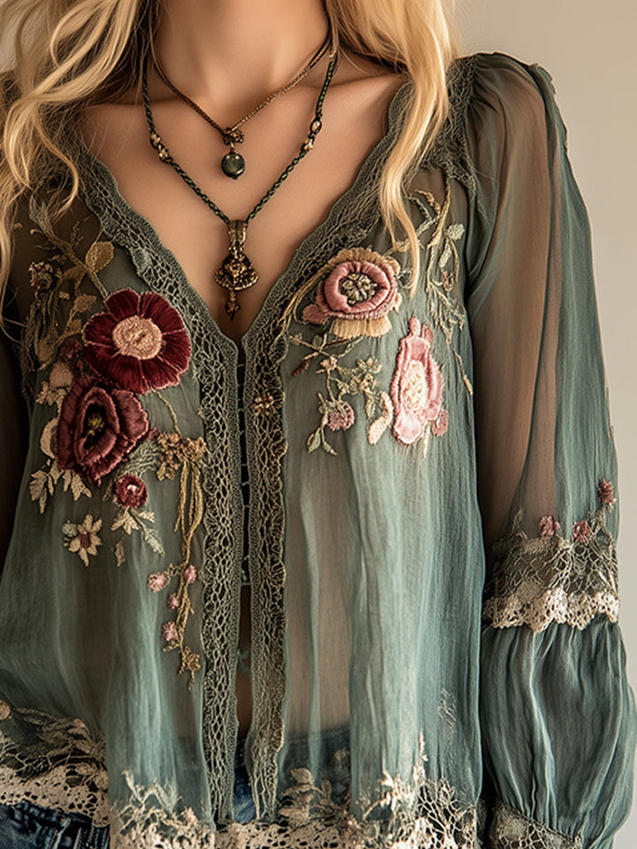 Women’s Blouse with Floral Embroidery and V-Neck